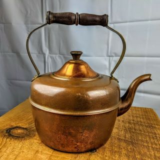 ☕ Vintage Copper Coffee Tea Pot Kettle Made In Portugal W/ Turned Wood Handle