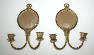 Vintage Pair Solid Brass Mirrored Mirror Candle Holder Wall Sconces French Style