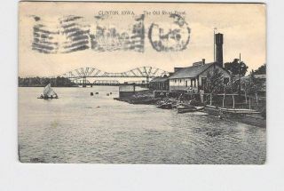 Ppc Postcard Iowa Clinton Old River Front Bridge In Background Boats On Water