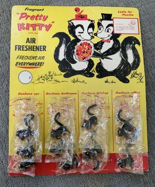 12 Vintage " Pretty Kitty " Skunk Air Fresheners Still On Store Display Card 1961