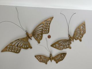 Set Of 3 Vintage Solid Brass Butterflies Wall Hanging Antenna Boho Mid Century