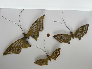 Set of 3 Vintage Solid Brass Butterflies Wall Hanging Antenna Boho Mid Century 2