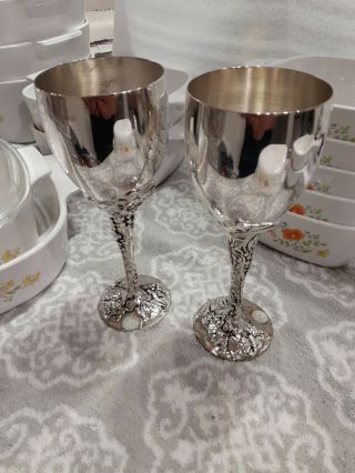 Godinger Silver - Plate Goblets Wine Glasses Grape Embossed Stem 7.  5”