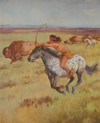 1951 Print Indian On Appaloosa Horse Buffalo Hunt Bow & Arrow Wesley Dennis Art
