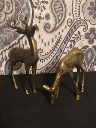 Vintage Large 7” X 4” Solid Brass Buck & 5” X 5” Doe Deer Statues