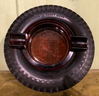 Vintage Rubber Tire & Glass Hub Ashtray Dominion Royal Heavy Duty Amber Insert