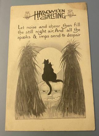 Vintage Halloween Greeting Postcard 1921 Black Cats By Moonlight