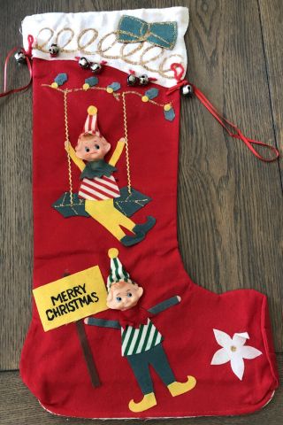 Vintage Elf Pixie Christmas Stocking Red Felt Appliqué