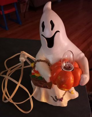 Vintage Ceramic Ghost With Pumpkin Halloween Decor Lighted Lamp 2