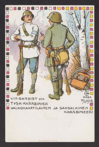 Finland 1918 Illustrated - Postcard,  White Guard And German Carabinieri