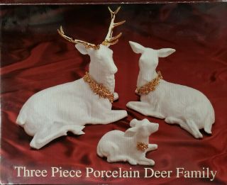 Traditions Galleria 3 Three Piece Porcelain Deer Family White Gold Accent W/ Box
