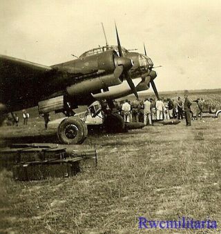Best Luftwaffe Airmen Gathered On Airfield By Parked Ju - 88 Bomber