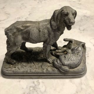 Cast Bronze Hunting Dog With Rabbit Prey Vintage 7” W X 5” T X 3”d