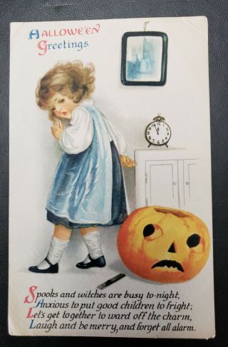 Clapsaddle Halloween Postcard Little Girl Spooked By Jack - O - Lantern Early 1900 