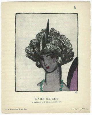 Vintage 1922 French Art Deco Pochoir Gazette Du Bon Ton Roger Flapper Hat Design