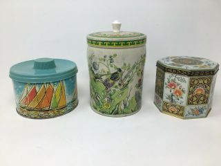 Set Of 3 Vintage Decorative Tins Daher Floral Storage Sailboat Kitchen