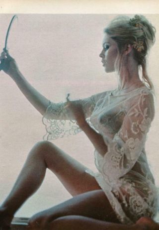 1969 Sexy Pinup Page Print Brigitte Bardot Lace Dress Looking In Hand Mirror