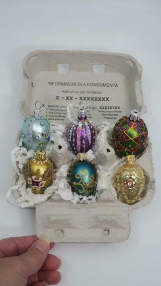 Set Of 6 Faberge Inspired Blown Glass Egg Ornaments Poland 2.  5 " To 3 " In Carton