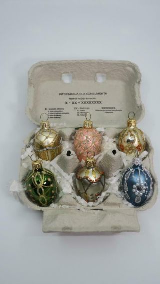 Set Of 6 Faberge Inspired Mini Blown Glass Egg Ornaments Poland 2.  5 " In Carton
