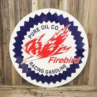 Pure Firebird Gasoline Gas Oil 24 " Large Embossed Round Metal Tin Sign Vintage