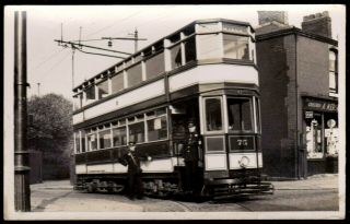 1937 Blackburn Tram Leaving Depot Real Photo Postcard Corner Shop Lancashire