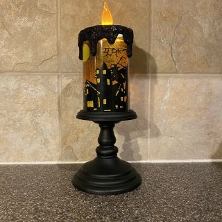Lighted Halloween Candleholder With Candle Water Globe Witch Haunted House Bats