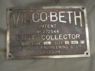Large Vintage Brass Name Plate Plaque Visco Beth Engineering Co Limited Croydon