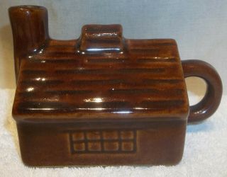 Antique Yellow Ware Pottery Figural Log Cabin Syrup Pitcher Jug