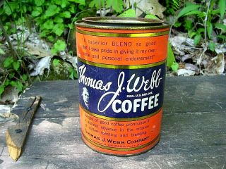 Antique Thomas J Webb Coffee Tin With Lid 1 Lb Established 1883 Copyright 1923