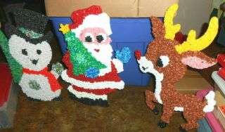 Vintage 3 Christmas Melted Plastic Popcorn Decorations Santa Snowman Rudolph
