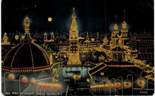 Coney Island Ny Luna Park Night Electric Lights Lit Up 1928