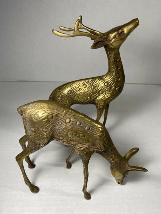 Vintage Set Of 2 Brass Deer Buck Doe Figurines Korea Reindeer Christmas 2.  12lbs