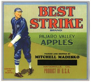Best Strike (baseball) Old 1920s Watsonville California Apple Fruit Crate Label