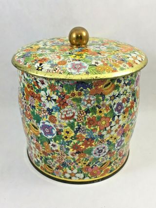 Vintage Floral Metal Tin Canister Daher 6 " Tea Box Flowers Trinket Box