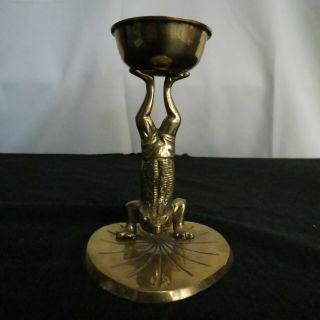 Vintage Brass Frog Candlestick Holder 5.  5 " Tall Handstand Lily Pad 3/4 " Candle