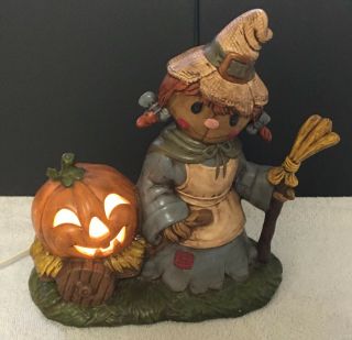 Vintage Halloween Ceramic Scarecrow Girl Pulling Pumpkin Cart Lights Up