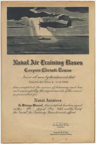 U.  S.  Naval Aviator Signed Certificate Training At Corpus Christi,  Tx Base,  1945