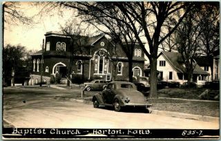 Horton,  Kansas Rppc Real Photo Postcard " Baptist Church " Street View C1940s