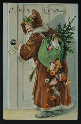 Brown Robe Santa Claus Ringing Doorbell Sack Of Toys,  Embossed Postmarked 1909.