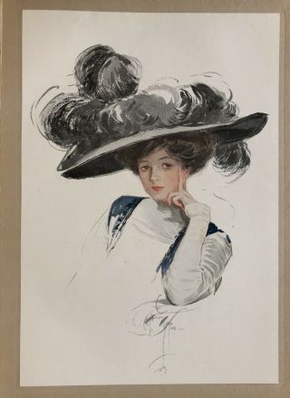 1910 Harrison Fisher Art Print Edwardian Maiden With Large Feathered Hat