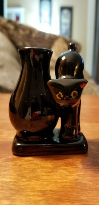 Vintage Japan Black Cat Toothpick Holder Halloween Ceramic Small Bud Vase