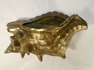 Large Vintage Heavy Solid Brass Conch Shell Footed Flower Planter