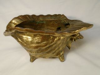 LARGE VINTAGE HEAVY SOLID BRASS CONCH SHELL FOOTED FLOWER PLANTER 3