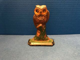 Vintage Antique Painted Owl W Tree Stump Bookend Door Stop Paperweight Cast Iron