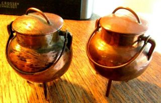2 Old Mini Copper Hand Made Cauldrons 3 Footed Handles Signed Barracha Goute