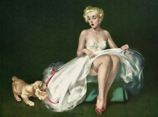 Vintage 1950s Leggy Blonde & Cocker Spaniel Pup Pin - Up Print The Tease Roy Best 2