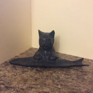 Vintage Cat With Fish Tray Cast Bronze Pen Trinket Dish
