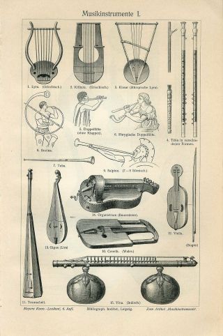 1895 Old Musical Instruments Antique Engraving Print