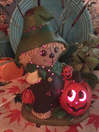 Vintage Lighted Halloween Ceramic Scarecrow Jack O Lantern Black Crow Pumpkins