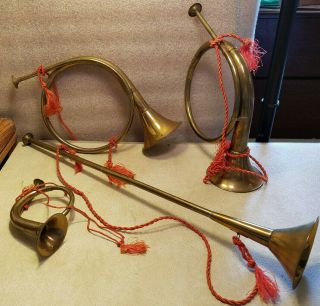 Vintage Set Of 4 Solid Brass Christmas Horns French & Straight Corded Hangers